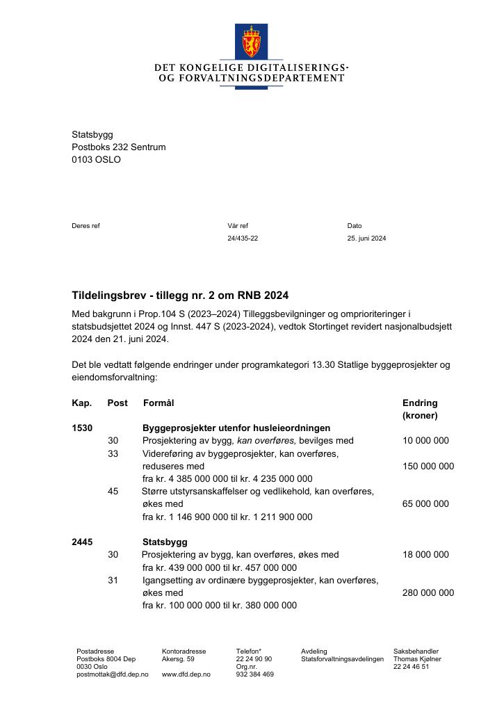 Forsiden av dokumentet Tildelingsbrev Statsbygg 2024 - tillegg nr. 2.
