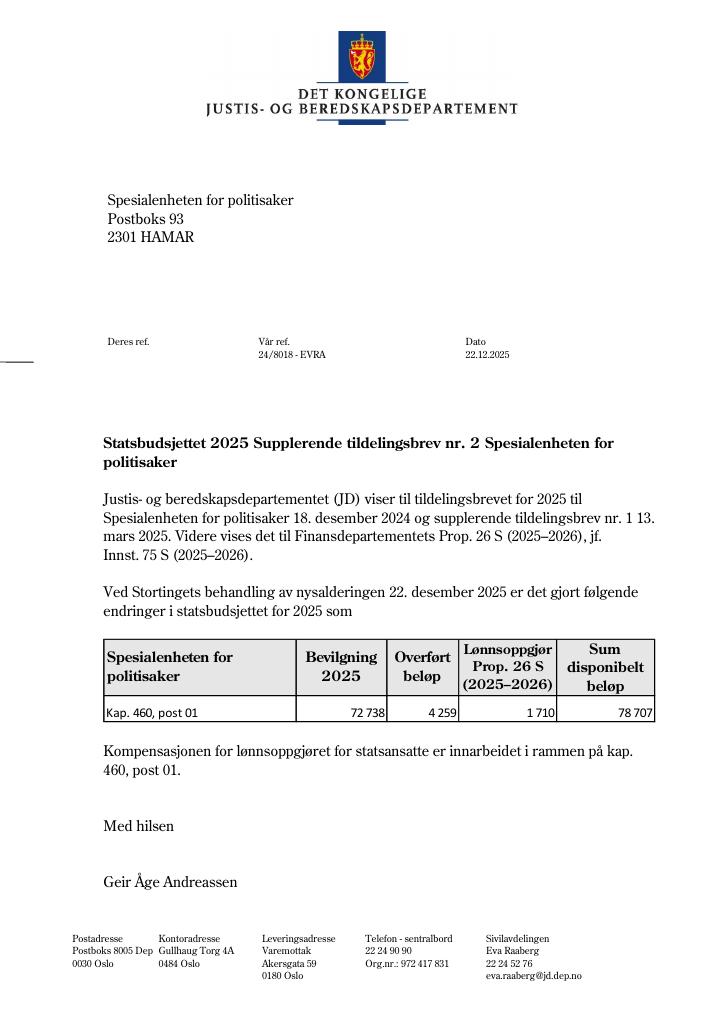 Forsiden av dokumentet Tildelingsbrev Spesialenheten for politisaker 2025 - tillegg nr. 2