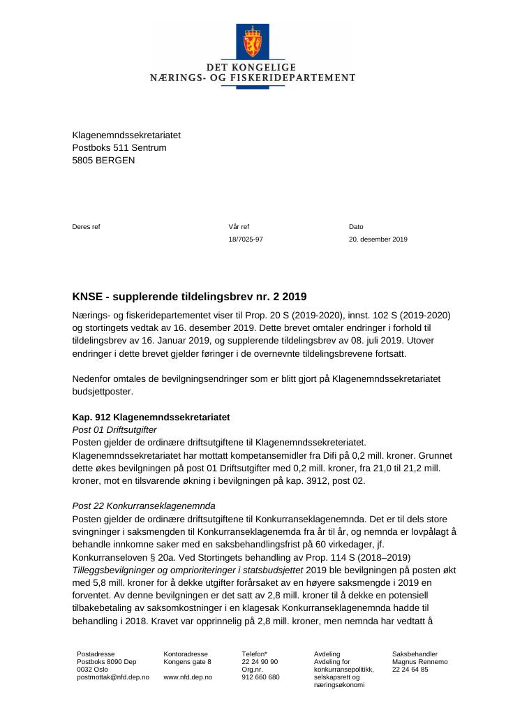 Forsiden av dokumentet Supplerende tildelingsbrev nr. 2 Klagenemndssekretariatet 2019