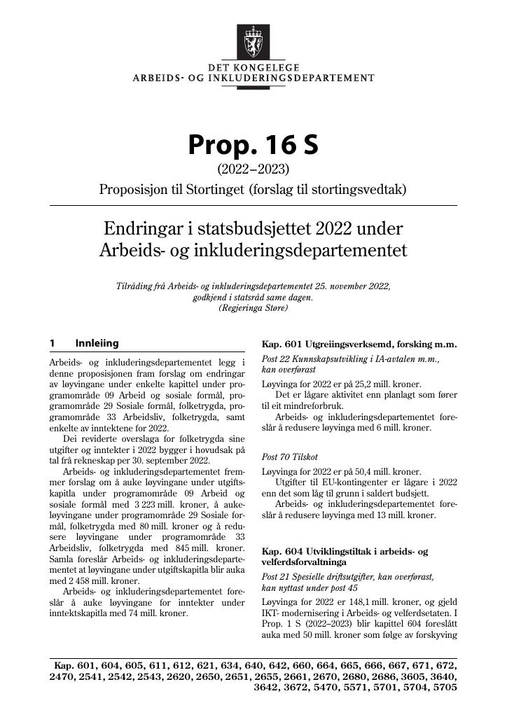 Forsiden av dokumentet Prop. 16 S (2022–2023)
