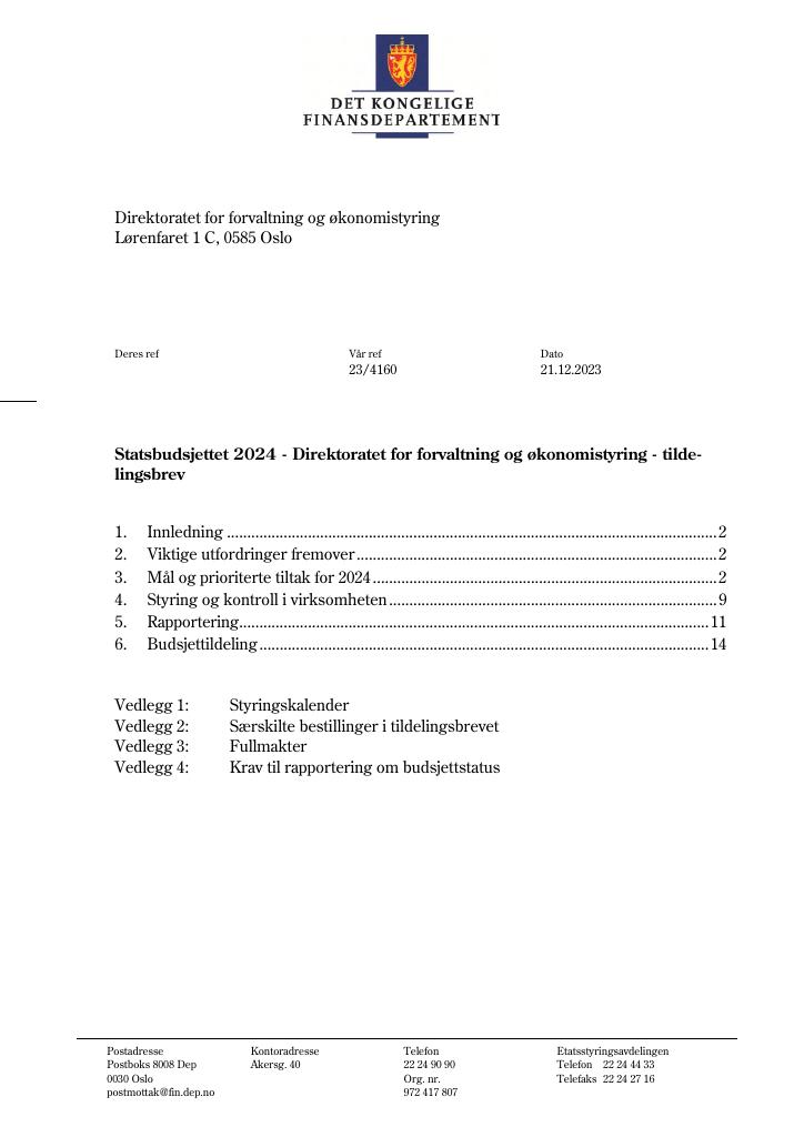 Forsiden av dokumentet Tildelingsbrev DFØ 2024