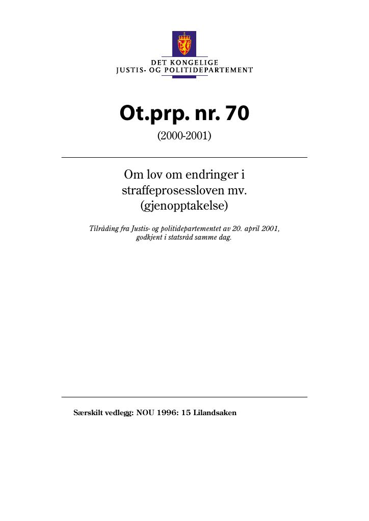 Forsiden av dokumentet Ot.prp. nr. 70 (2000-2001)