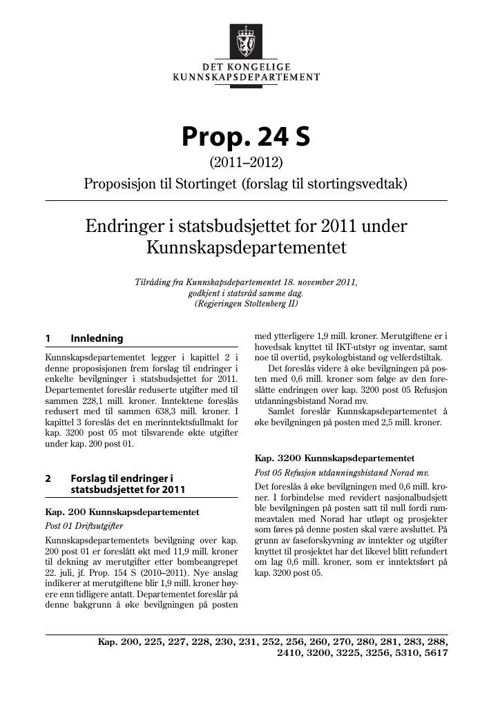 Forsiden av dokumentet Prop. 24 S (2011–2012)