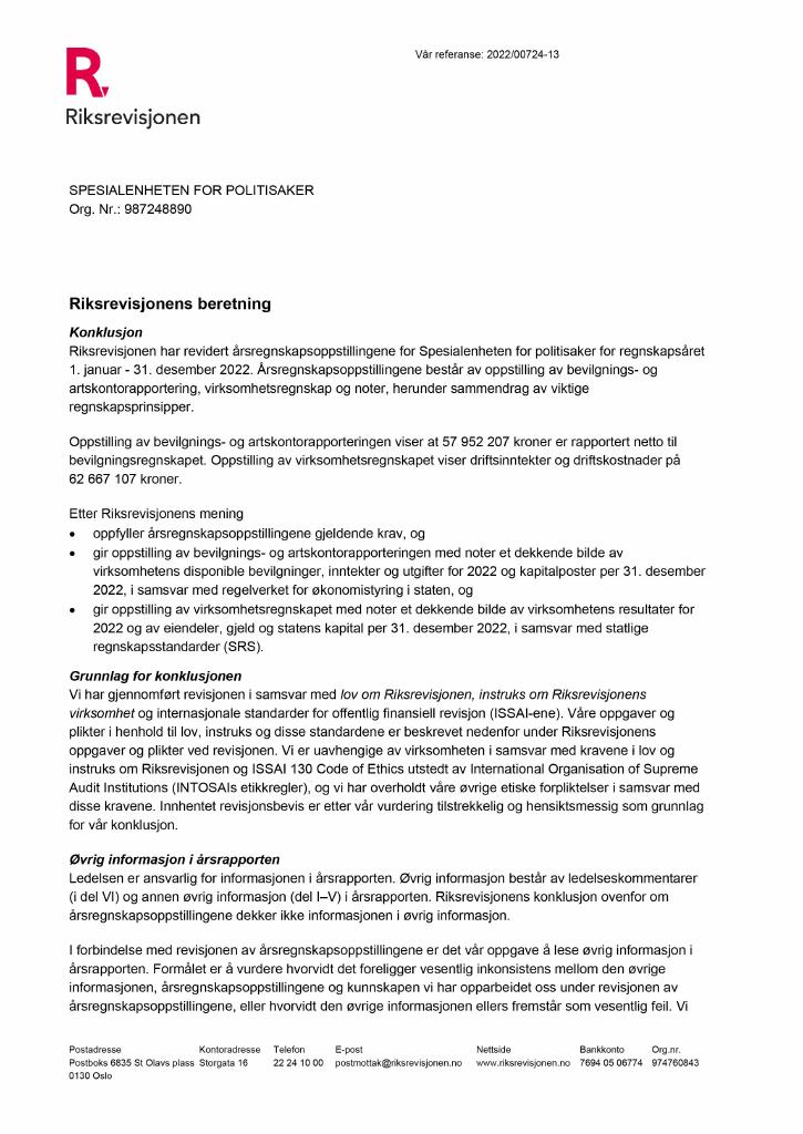 Forsiden av dokumentet Revisjonsberetning Spesialenheten for politisaker 2022