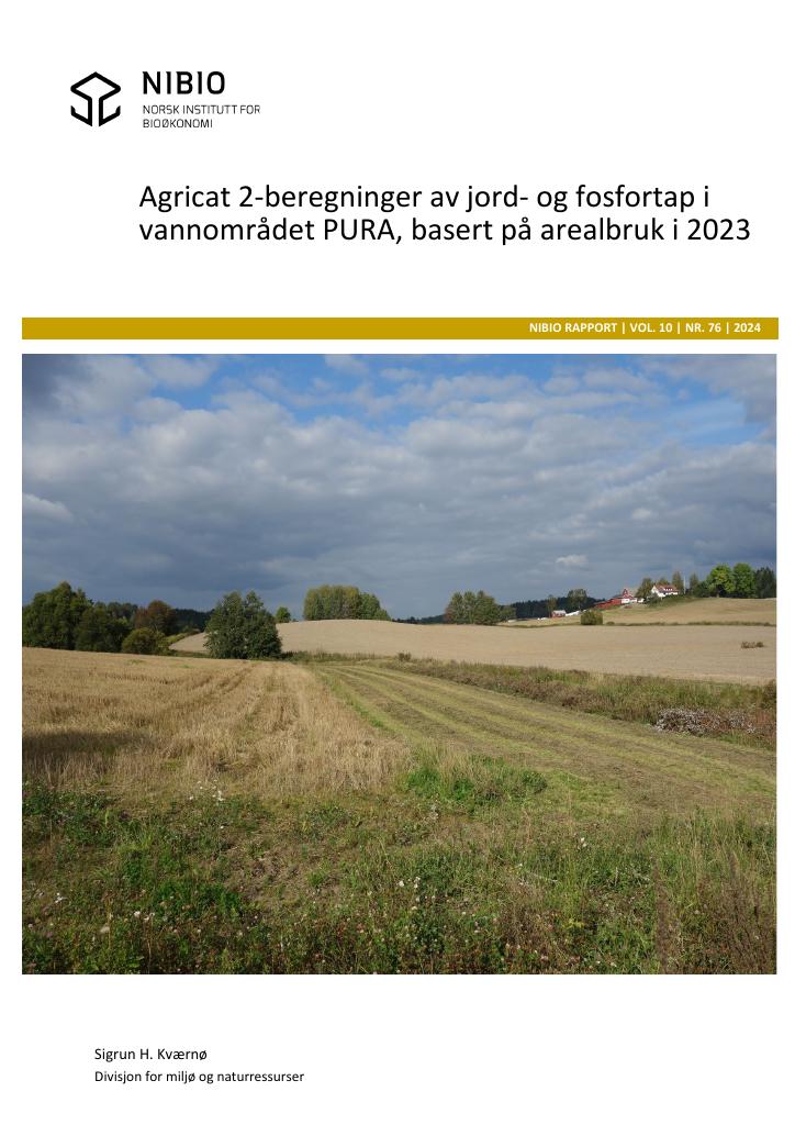 Forsiden av dokumentet Agricat 2-beregninger av jord- og fosfortap i vannområdet PURA, basert på arealbruk i 2023