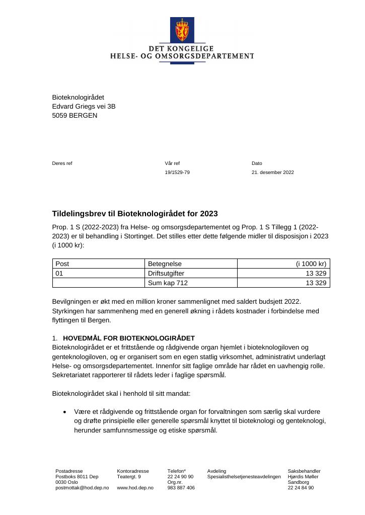 Forsiden av dokumentet Tildelingsbrev Bioteknologirådet 2023