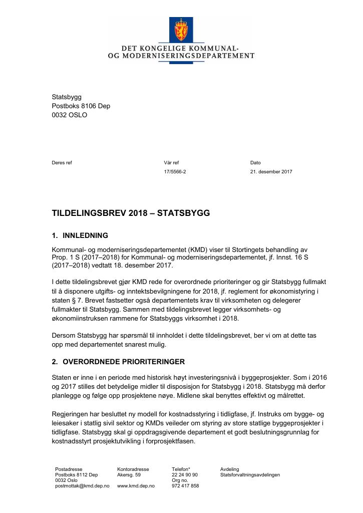 Forsiden av dokumentet Tildelingsbrev Statsbygg 2018