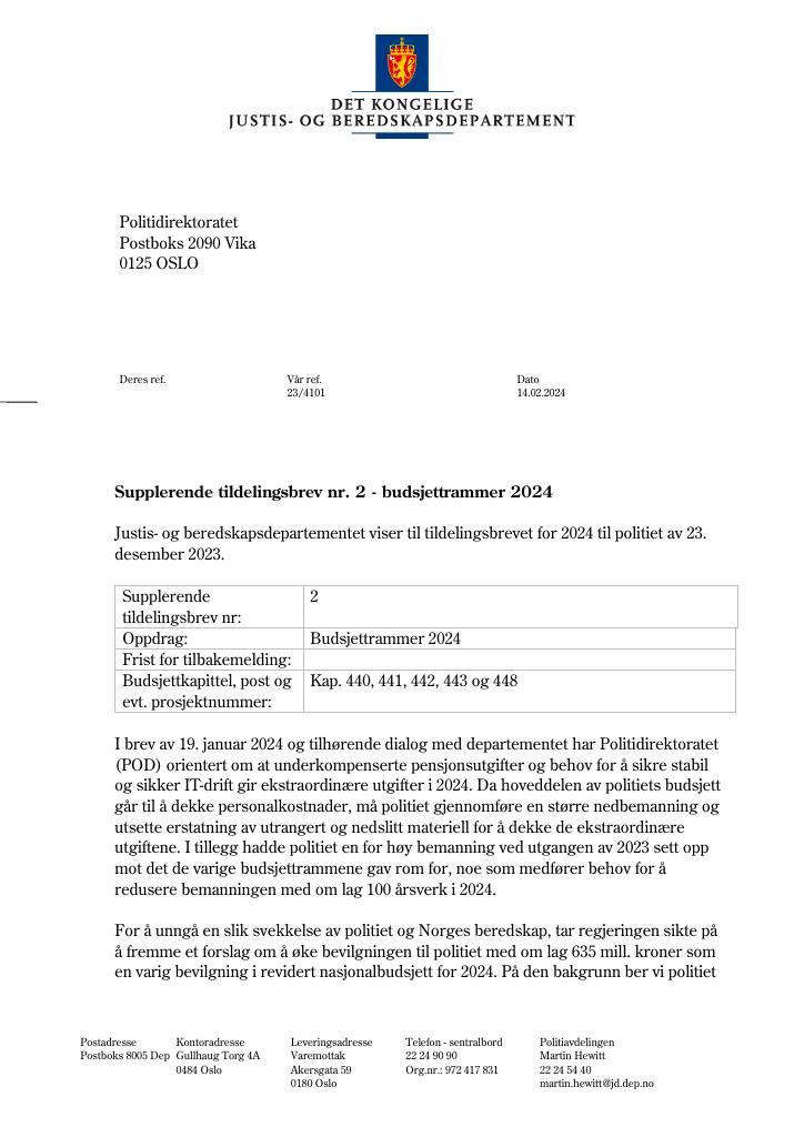 Forsiden av dokumentet Tildelingsbrev Politiet 2024 - tillegg nr. 2