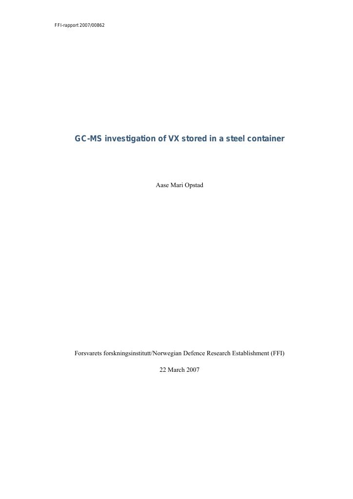Forsiden av dokumentet GC-MS investigation of VX stored in a steel container