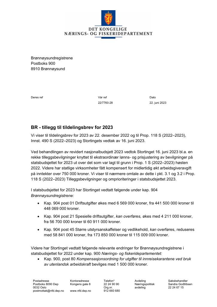 Forsiden av dokumentet Tildelingsbrev Brønnøysundregistrene 2023 - tillegg