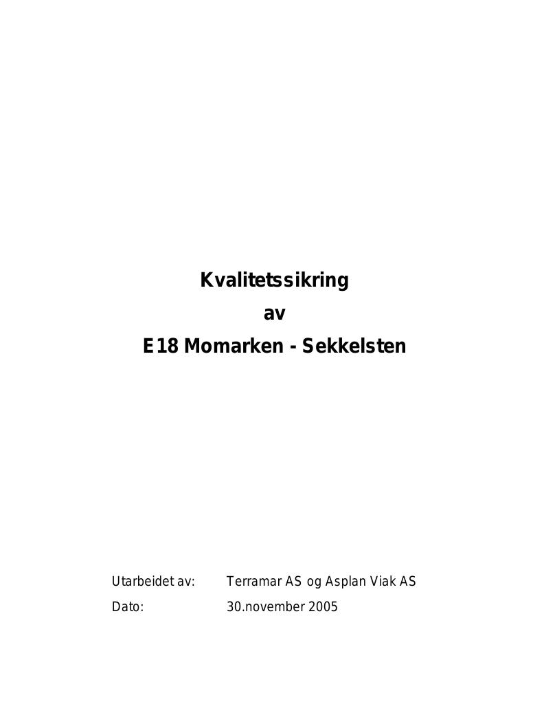 Forsiden av dokumentet E18 Momarken - Sekkelsten