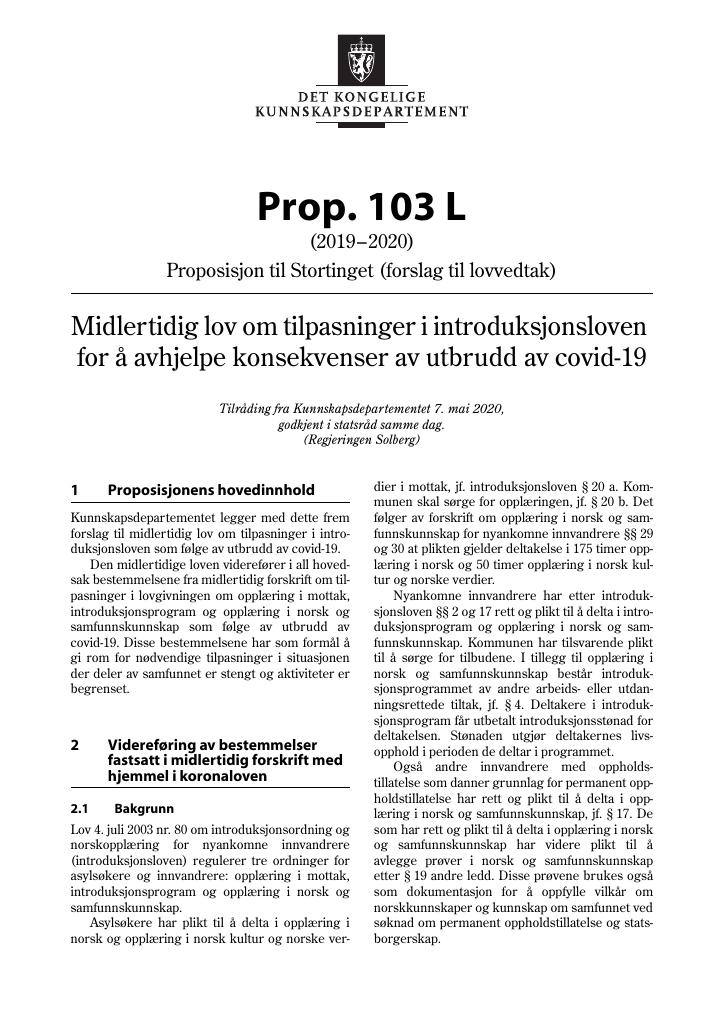 Forsiden av dokumentet Prop. 103 L (2019–2020)