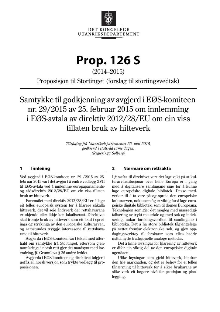 Forsiden av dokumentet Prop. 126 S (2014–2015)