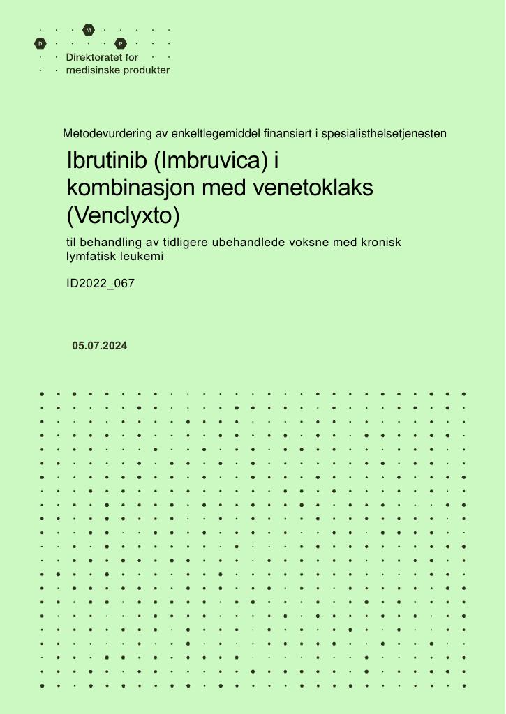 Forsiden av dokumentet Ibrutinib (Imbruvica) i kombinasjon med venetoklaks (Venclyxto) til behandling av tidligere ubehandlede voksne med kronisk lymfatisk leukemi