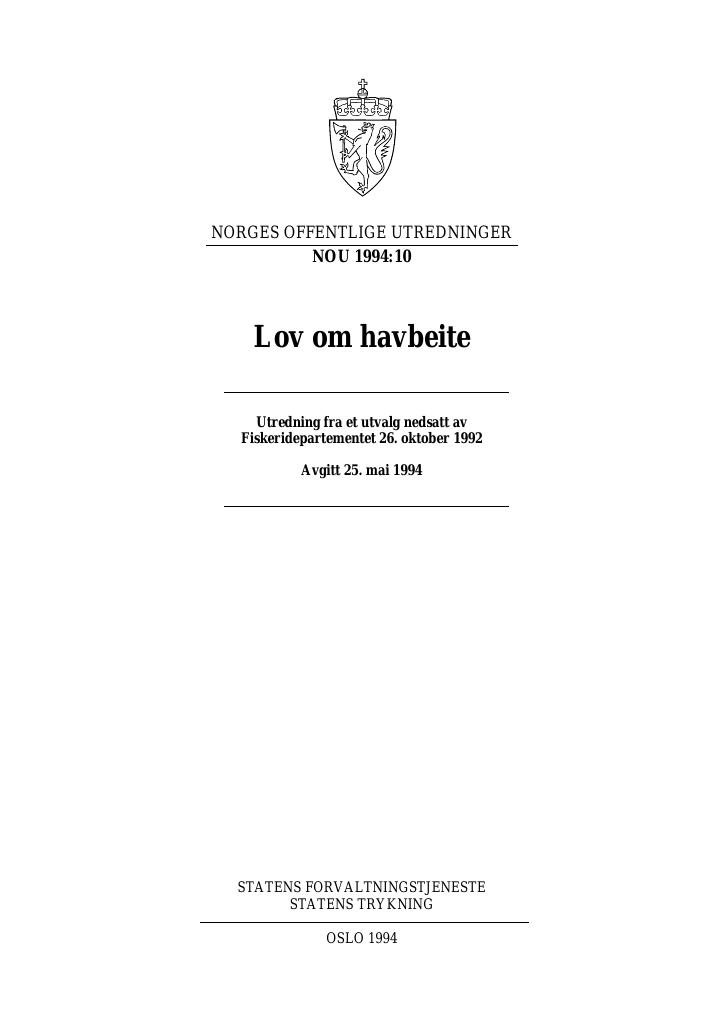 Forsiden av dokumentet NOU 1994: 10 - Lov om havbeite