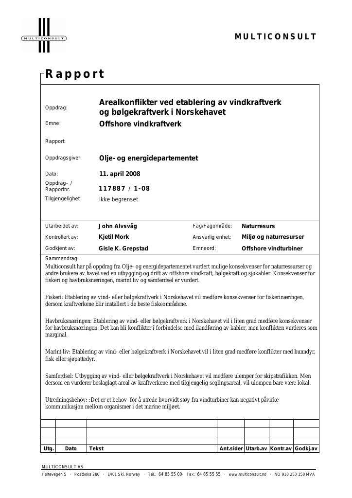 Forsiden av dokumentet Arealkonflikter ved etablering av vindkraftverk og bølgekraftverk i Norskehavet