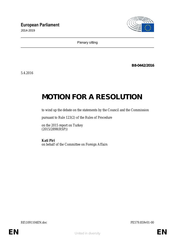 Forsiden av dokumentet Motion for a Resolution to wind up the debate on the statements by the Council and the Commission