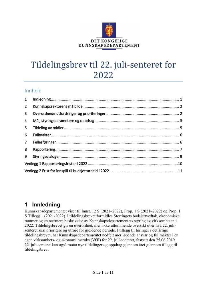 Forsiden av dokumentet Tildelingsbrev 22. juli-senteret 2022