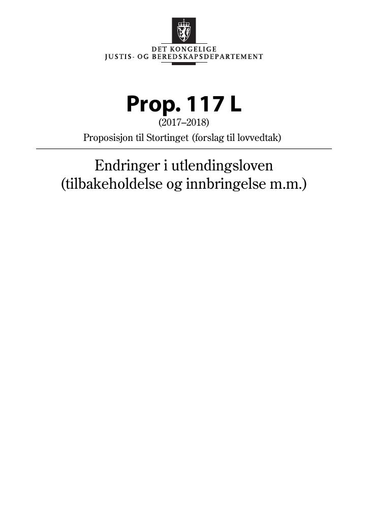 Forsiden av dokumentet Prop. 117 L (2017–2018)