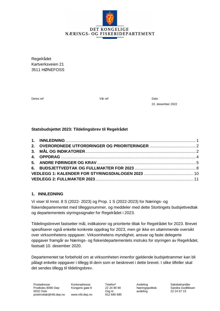 Forsiden av dokumentet Tildelingsbrev Regelrådet 2023