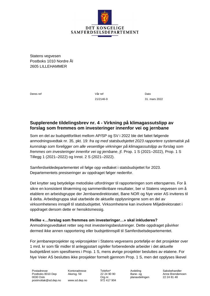 Forsiden av dokumentet Tildelingsbrev Statens vegvesen 2022 - tillegg nr. 4