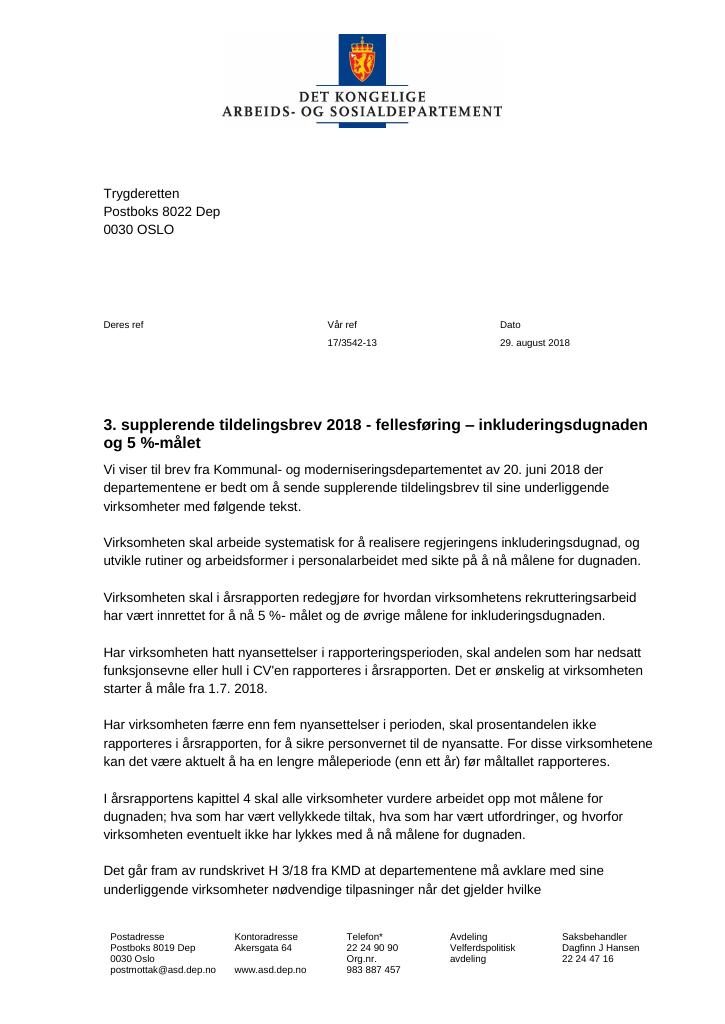 Forsiden av dokumentet Supplerende tildelingsbrev nr. 3 Trygderetten 2018