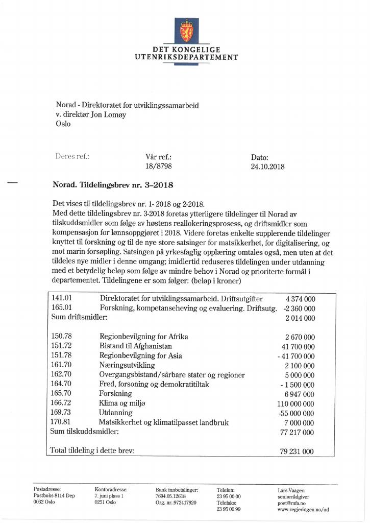 Forsiden av dokumentet Tildelingsbrev Norad 2018 - tillegg nr. 3