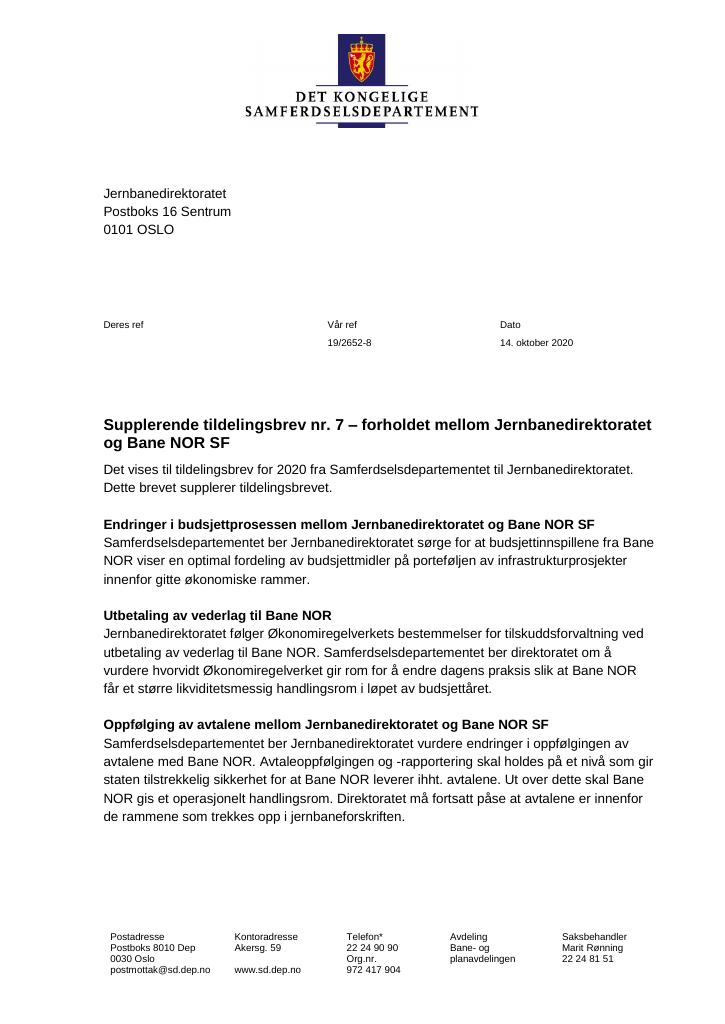 Forsiden av dokumentet Supplerende tildelingsbrev Jernbanedirektoratet 2020 - nr. 7