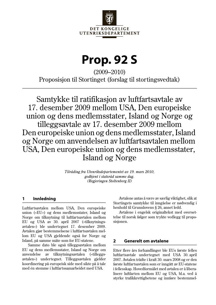 Forsiden av dokumentet Prop. 92 S (2009–2010)