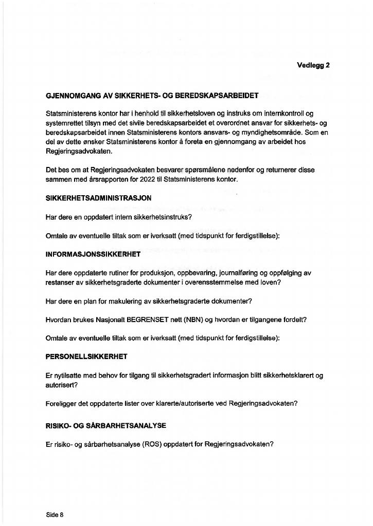 Forsiden av dokumentet Tildelingsbrev Regjeringsadvokaten 2022 - vedlegg 2