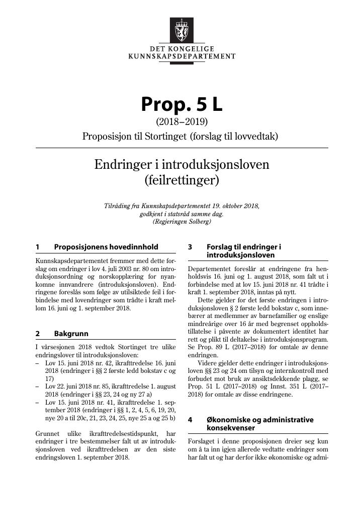 Forsiden av dokumentet Prop. 5 L (2018–2019)