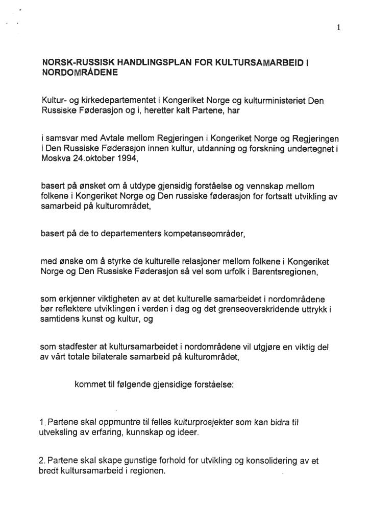 Forsiden av dokumentet Norsk-russisk handlingsplan for kultursamarbeid i nordområdene