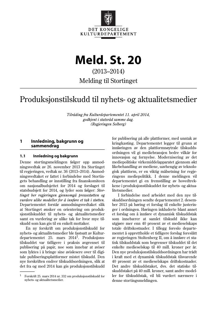 Forsiden av dokumentet Meld. St. 20 (2013–2014)