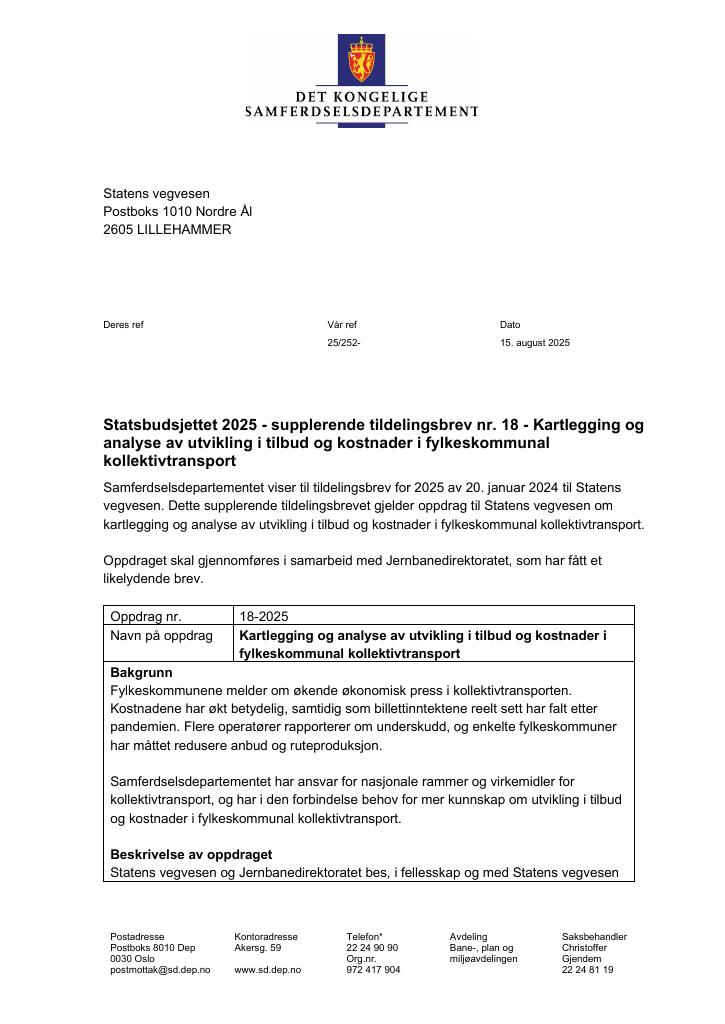 Forsiden av dokumentet Tildelingsbrev Statens vegvesen 2025 - tillegg nr. 18