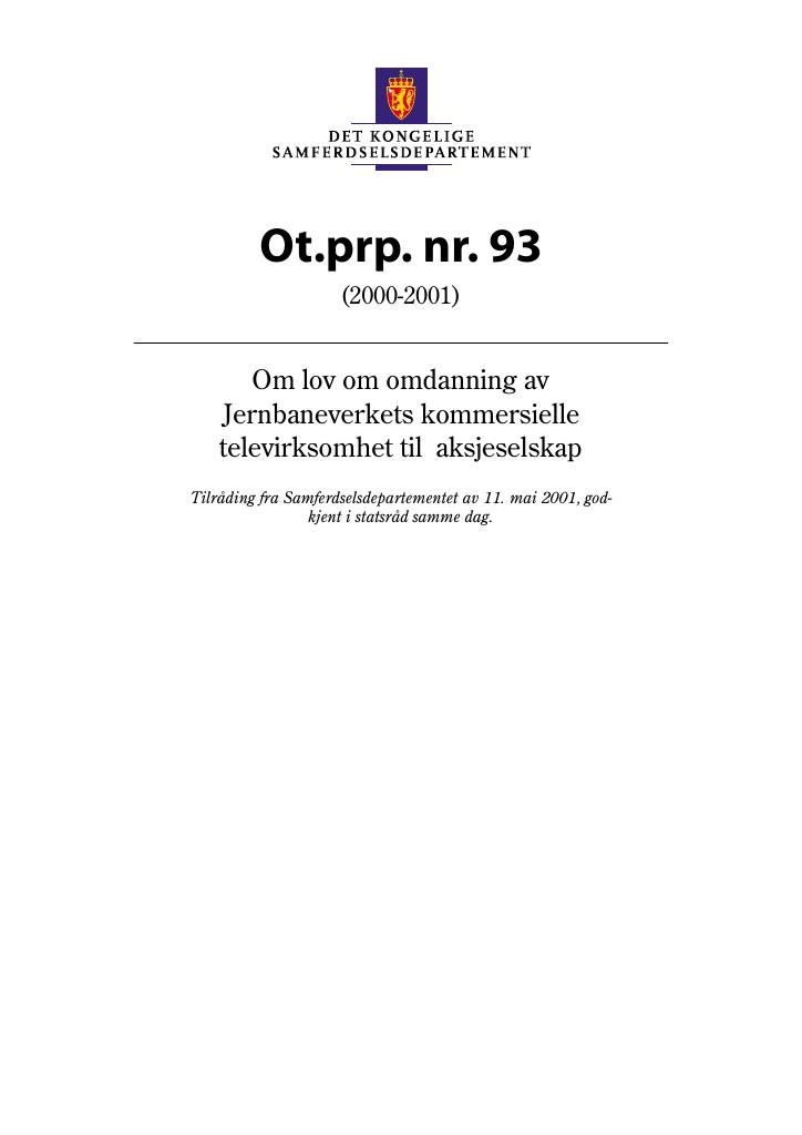 Forsiden av dokumentet Ot.prp. nr. 93 (2000-2001)