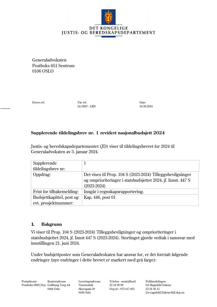 Forsiden av dokumentet Tildelingsbrev Generaladvokaten (Den militære påtalemyndighet) 2024 - tillegg nr. 1