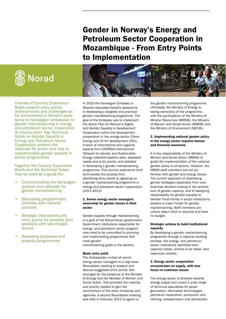 Forsiden av dokumentet Gender in Norway’s Energy and Petroleum Sector Cooperation in Mozambique - From Entry Points to Implementation