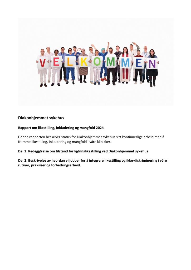 Forsiden av dokumentet Rapport om likestilling, inkludering og mangfold Diakonhjemmet sykehus 2024