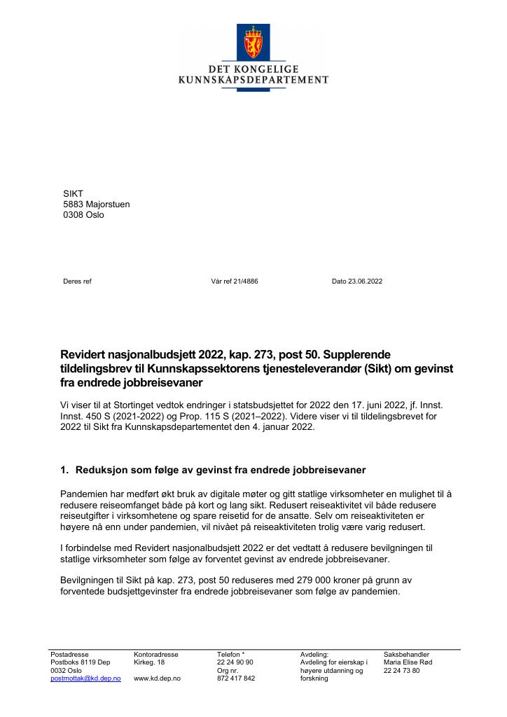 Forsiden av dokumentet Tildelingsbrev Sikt 2022 - tillegg