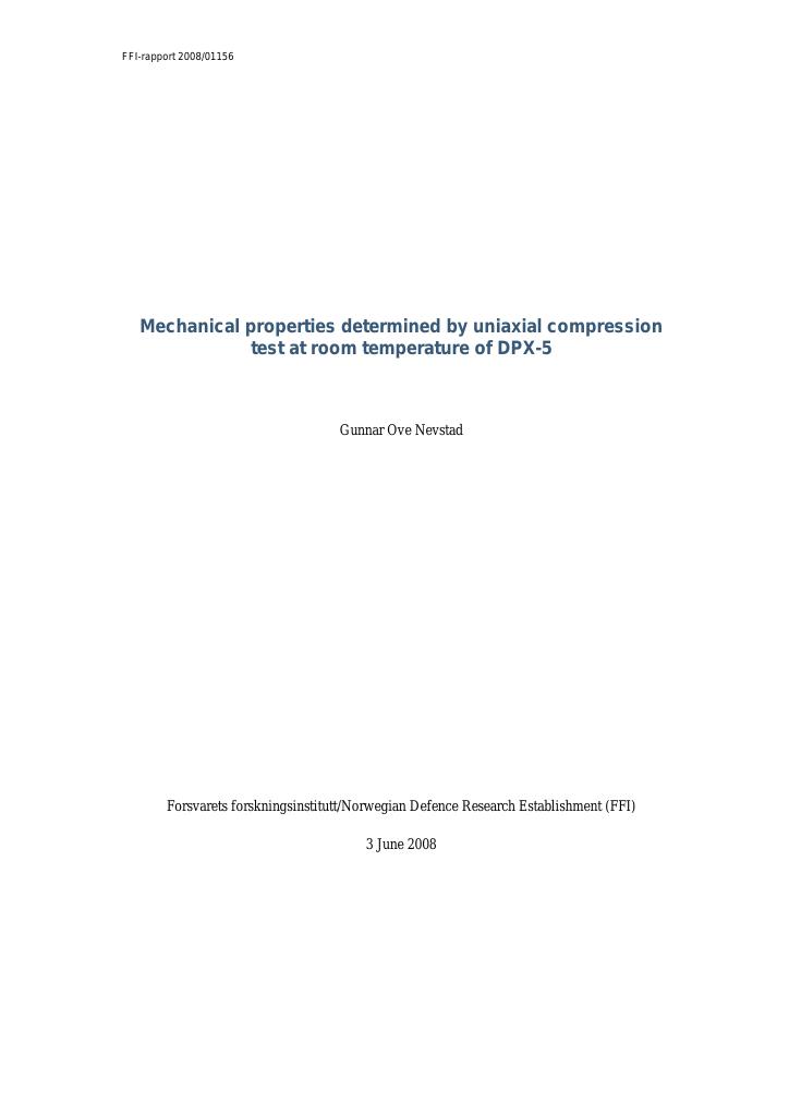 Forsiden av dokumentet Mechanical properties determined by uniaxial compression test at room temperature of DPX-5