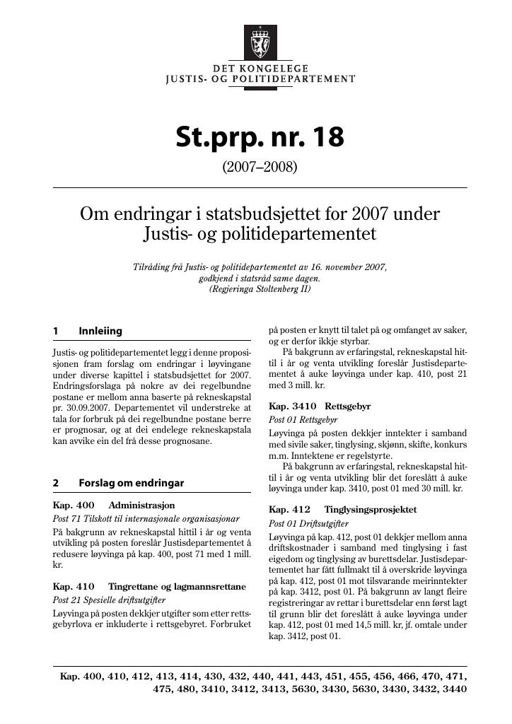 Forsiden av dokumentet St.prp. nr. 18 (2007-2008)