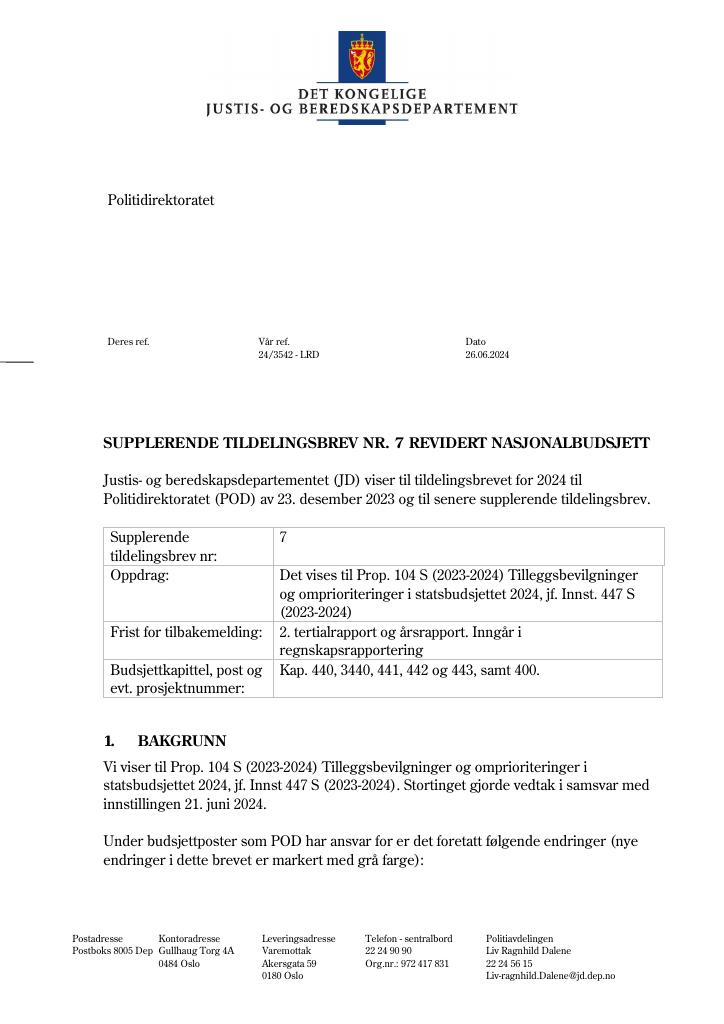 Forsiden av dokumentet Tildelingsbrev Politiet 2024 - tillegg nr. 7