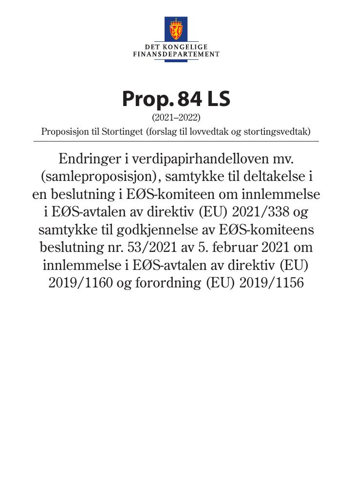 Forsiden av dokumentet Prop. 84 LS (2021–2022)