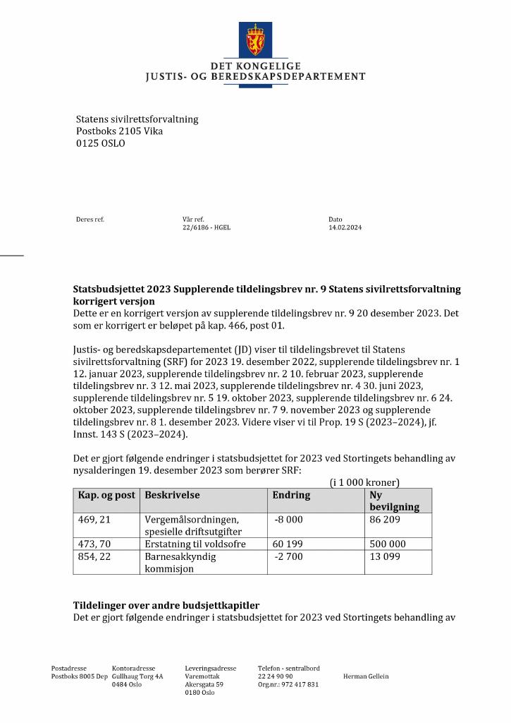 Forsiden av dokumentet Tildelingsbrev Statens sivilrettsforvaltning 2023 - tillegg nr. 9