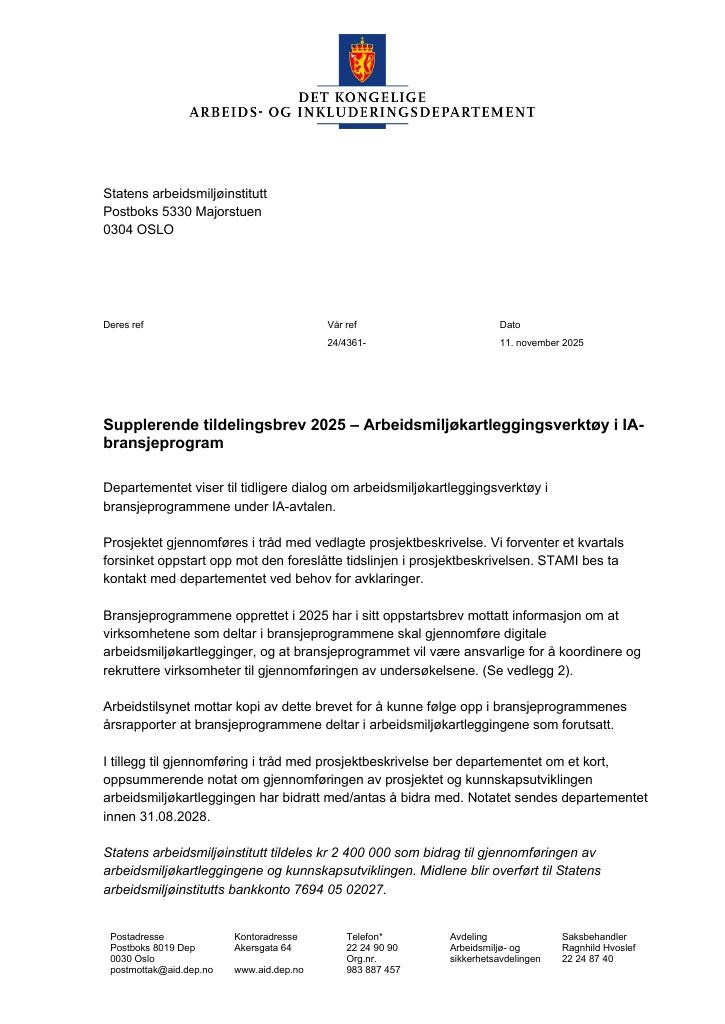 Forsiden av dokumentet Tildelingsbrev Statens arbeidsmiljøinstitutt (STAMI) 2025 - tillegg nr. 1