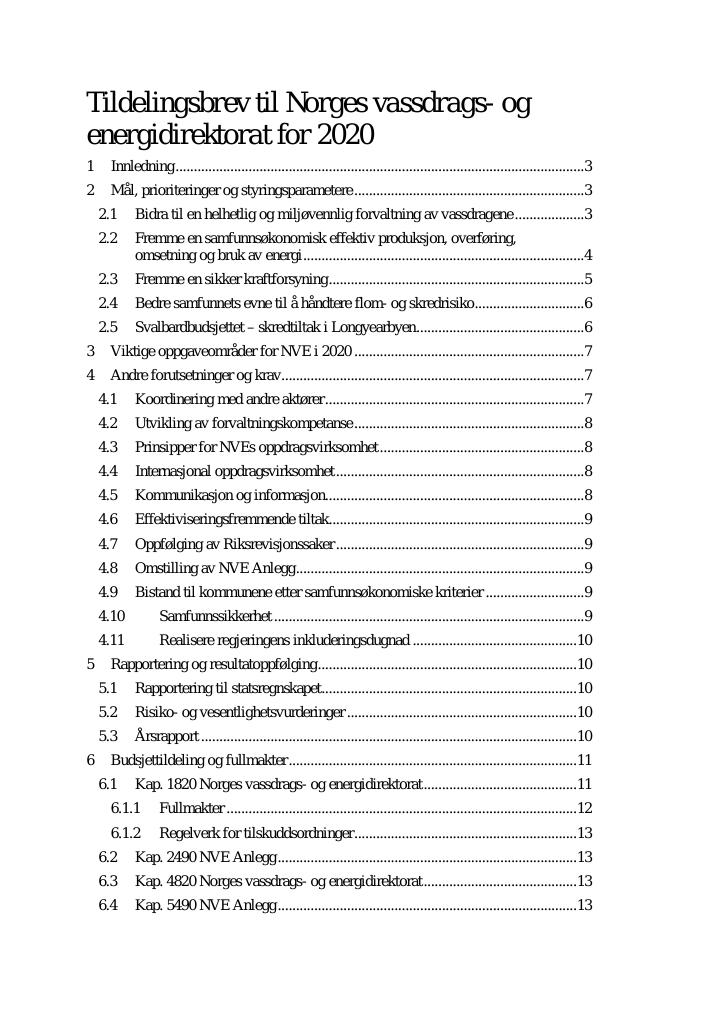 Forsiden av dokumentet Tildelingsbrev Norges vassdrags- og energidirektorat 2020