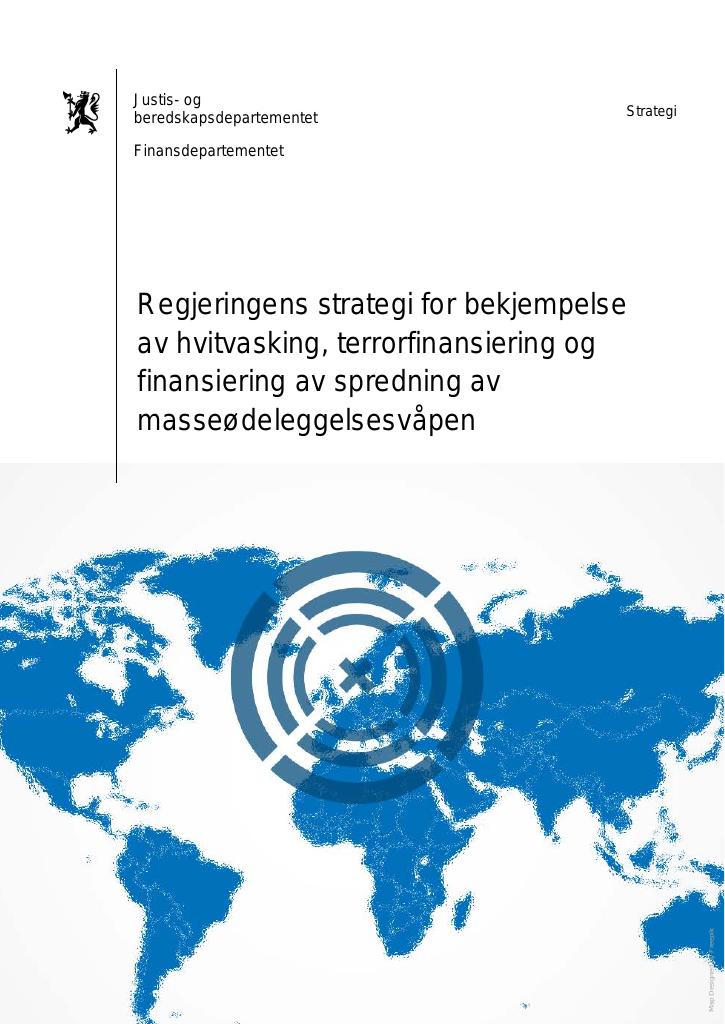 Forsiden av dokumentet Regjeringens strategi for bekjempelse av hvitvasking, terrorfinansiering og finansiering av spredning av masseødeleggelsesvåpen
