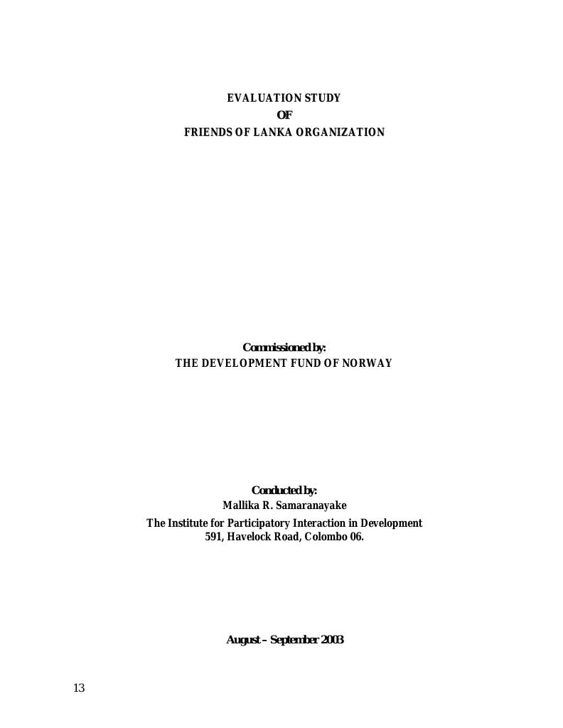 Forsiden av dokumentet Evaluation of Institutional Strengthening of Friends of Lanka