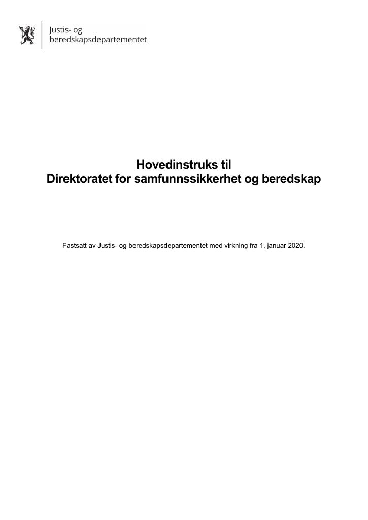 Forsiden av dokumentet Hovedinstruks Direktoratet for sammfunnssikkerhet og beredskap 2020