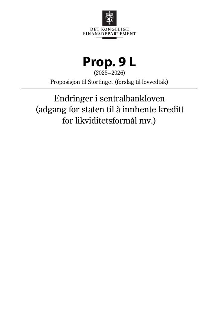 Forsiden av dokumentet Prop. 9 L (2025–2026)